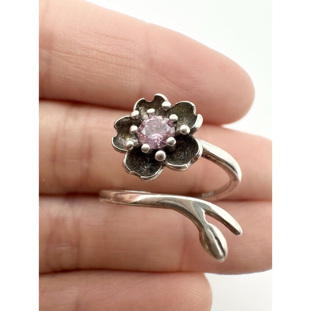 925 STERLING SILVER FLOWER PINK STONE LEAF PETALS WRAP AROUND RING ADJUSTABLE